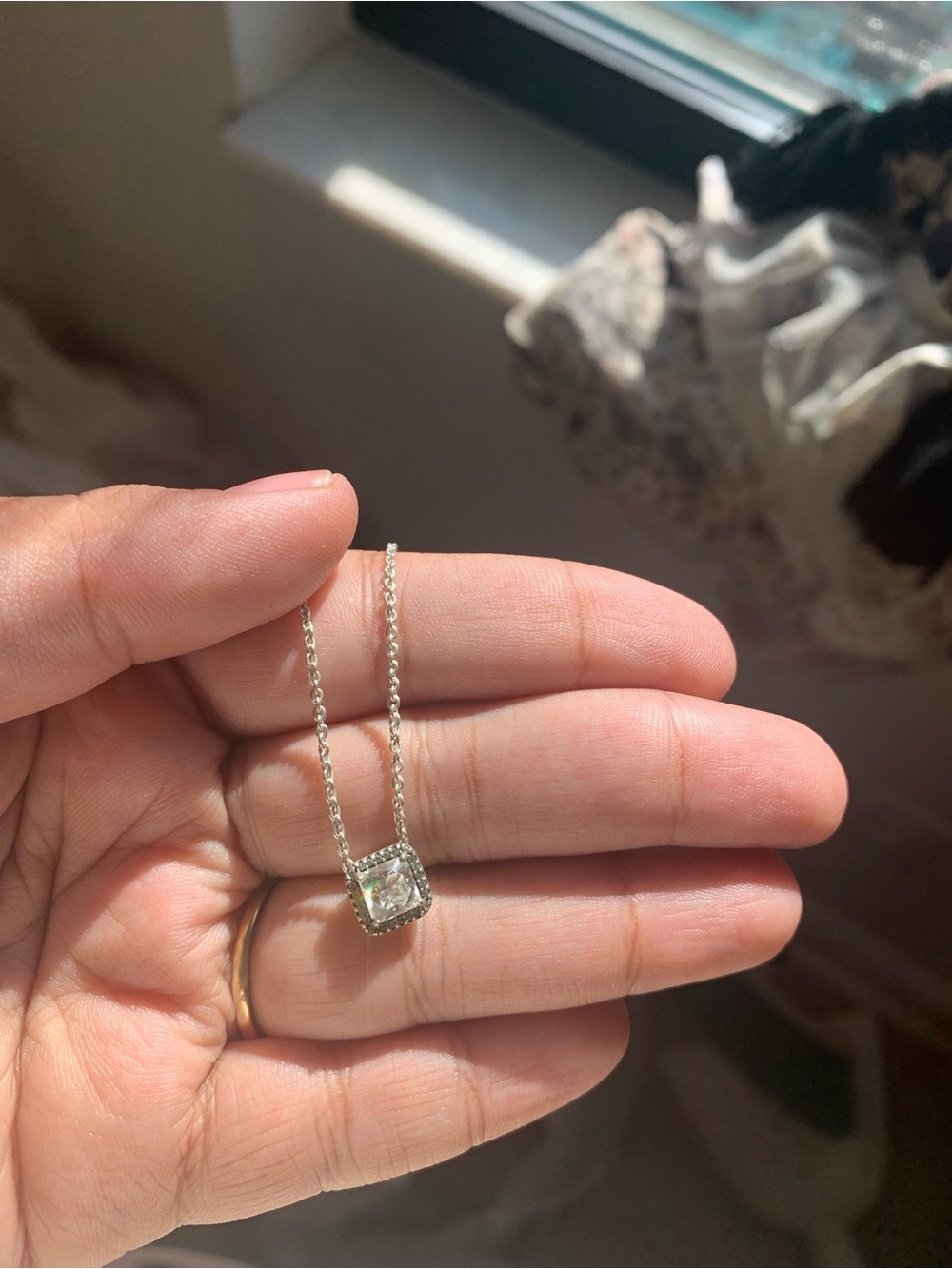 Silver Halo Pendant Necklace with Clear Square Stone - Women Jewelry PANDORA SET